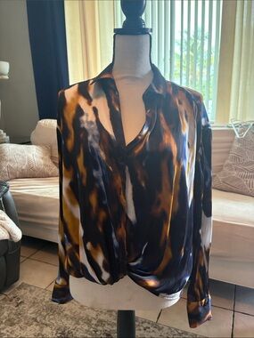 Worthington Satin Abstract-Print Blouse in Black, Brown & Gold